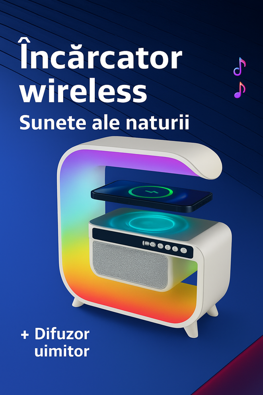 Lampa RGB, boxa Bluetooth, difuzor 5W, incarcare wireless,ceas digital cu alarma, lumini ambiental