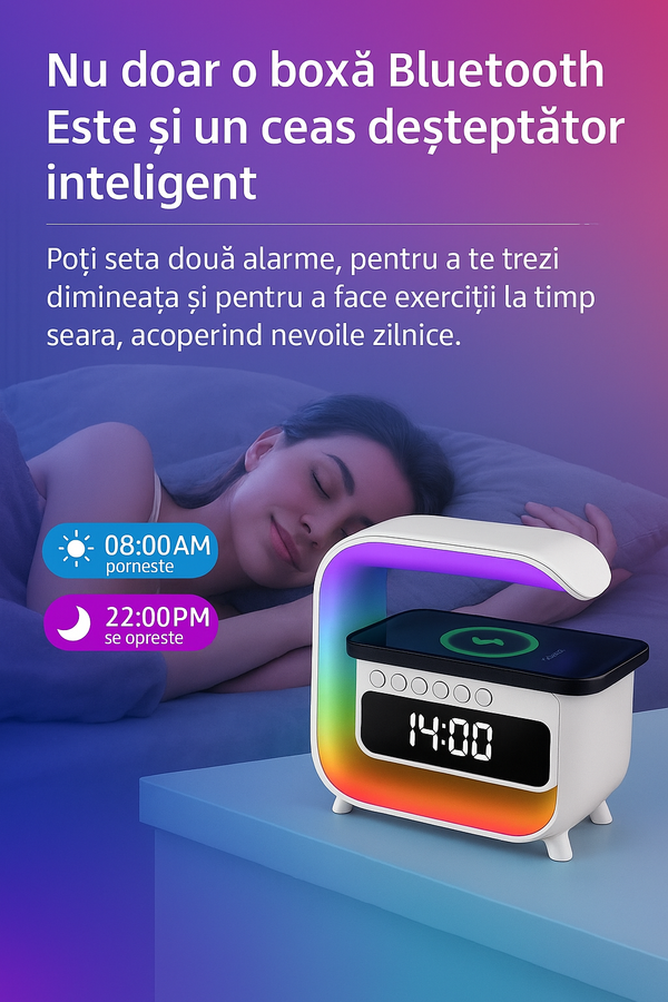 Lampa RGB, boxa Bluetooth, difuzor 5W, incarcare wireless,ceas digital cu alarma, lumini ambiental